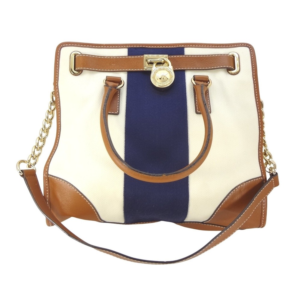 Michael Kors Hamilton Satchel Medium Cream Navy Canvas Leather Stripe COA